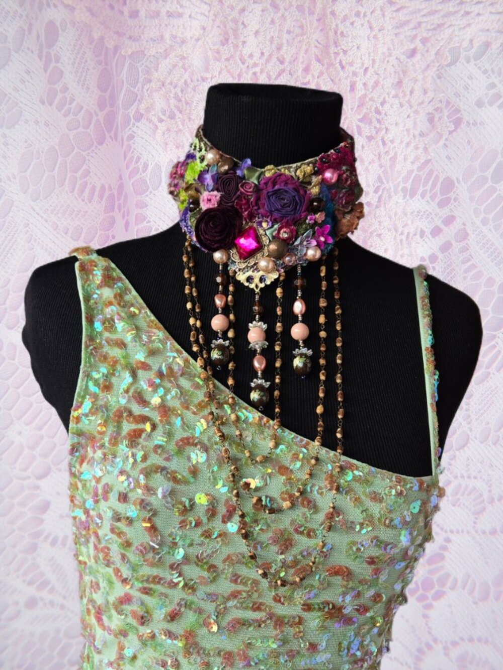 Handmade Rose and Flower Garden Embroidered Victorian-style collar